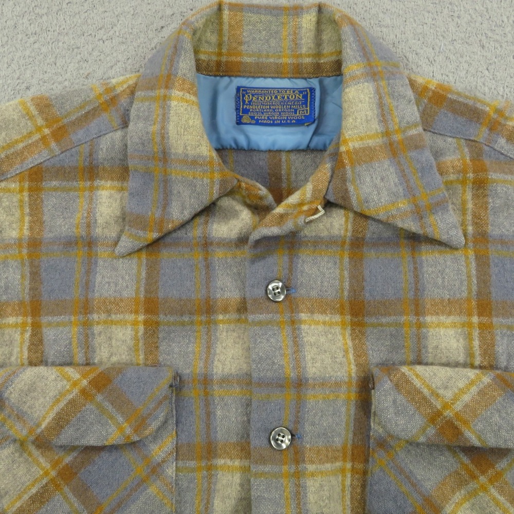 Vintage Pendleton Board Shirt Medium Mens 60s Brown Grey Plaid Wool Loop Collar